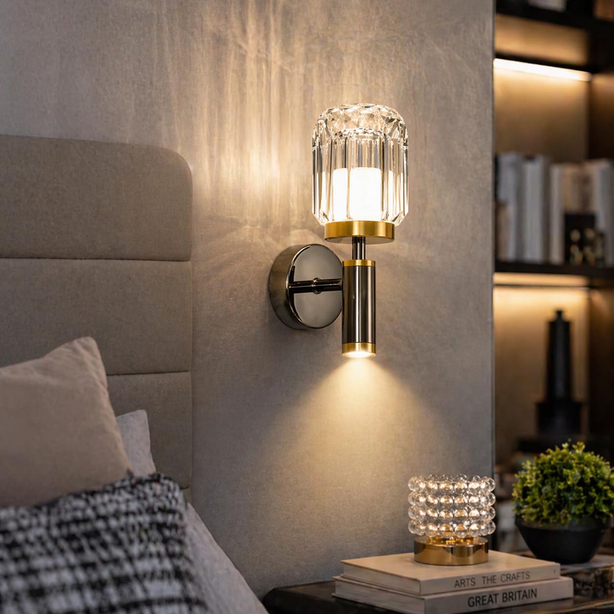 Murphy Opal Crystal 6+3W LED Wall Light with Spot Light, 3C Color Changing (Warm/Natural/Cool White), Gunmetal Golden Finish, Metal & Glass Wall Lamp, BIS Approved, 2 Year Warranty