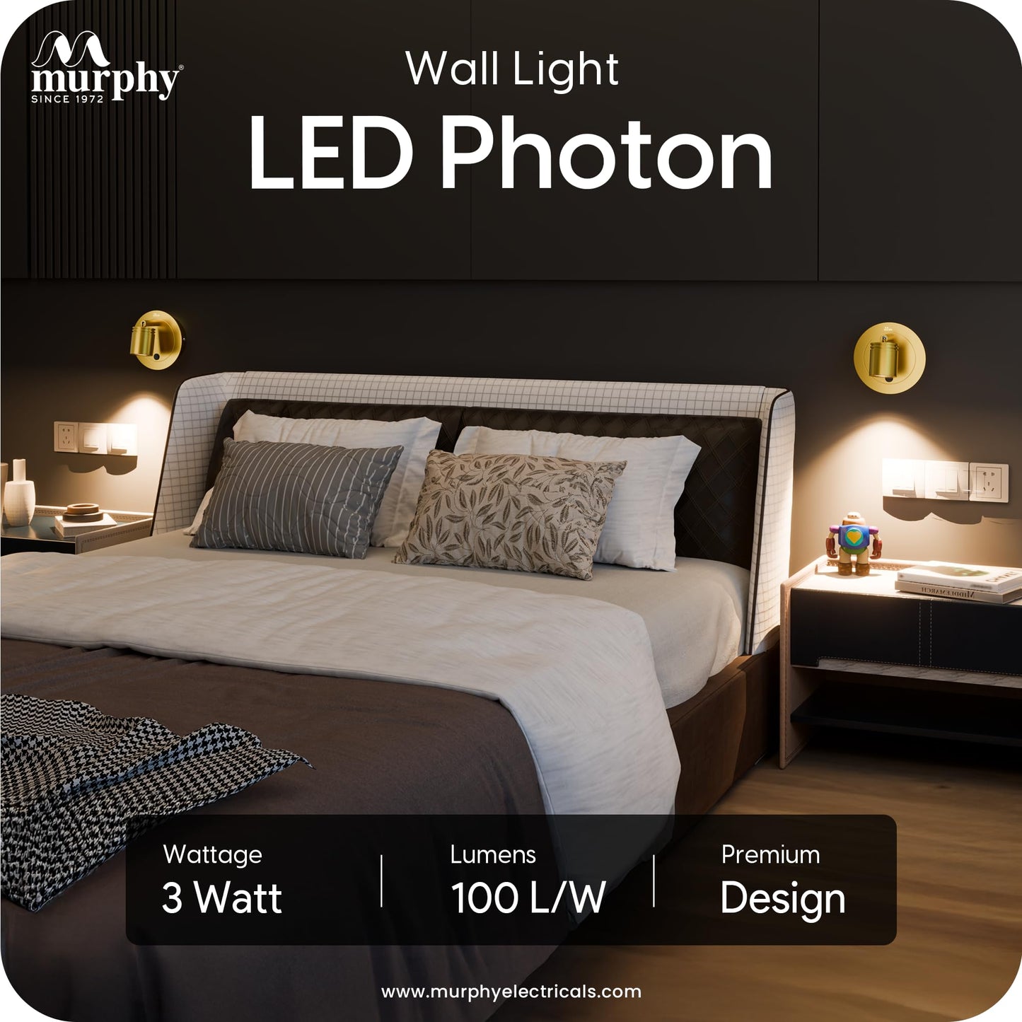 Murphy Photon 3W COB LED Premium Wall Reading Light | Gold Finish | Warm White | 300 Lumens | BIS Approved |