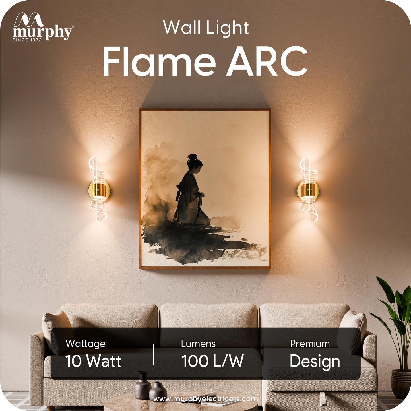 Murphy Flame ARC 10W LED Wall Light, 3C Color Changing (Warm/Natural/Cool White), Golden Finish, Acrylic & Metal Wall Lamp for Bedroom & Living Room, BIS Approved, 2 Year Warranty