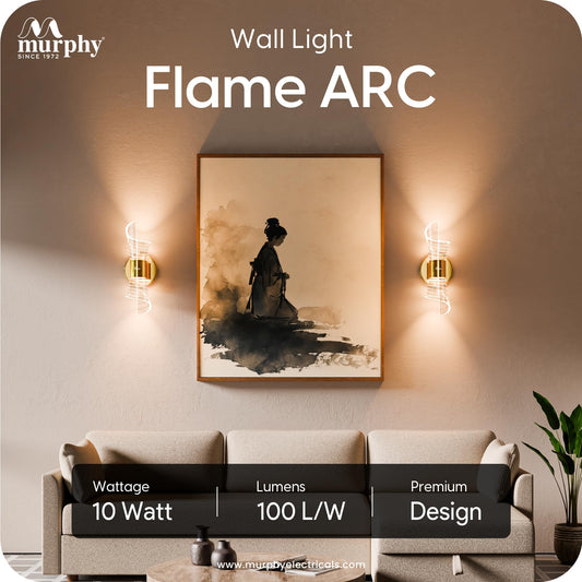 Murphy Flame ARC 10W LED Wall Light, 3C Color Changing (Warm/Natural/Cool White), Golden Finish, Acrylic & Metal Wall Lamp for Bedroom & Living Room, BIS Approved, 2 Year Warranty