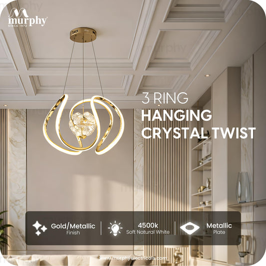 Murphy Crystal Twist 35W Modern LED Chandelier Hanging Ceiling Light | 3 Color Changing (Warm White, Natural White, Cool White) | Gold Finish Decorative Light for Living Room