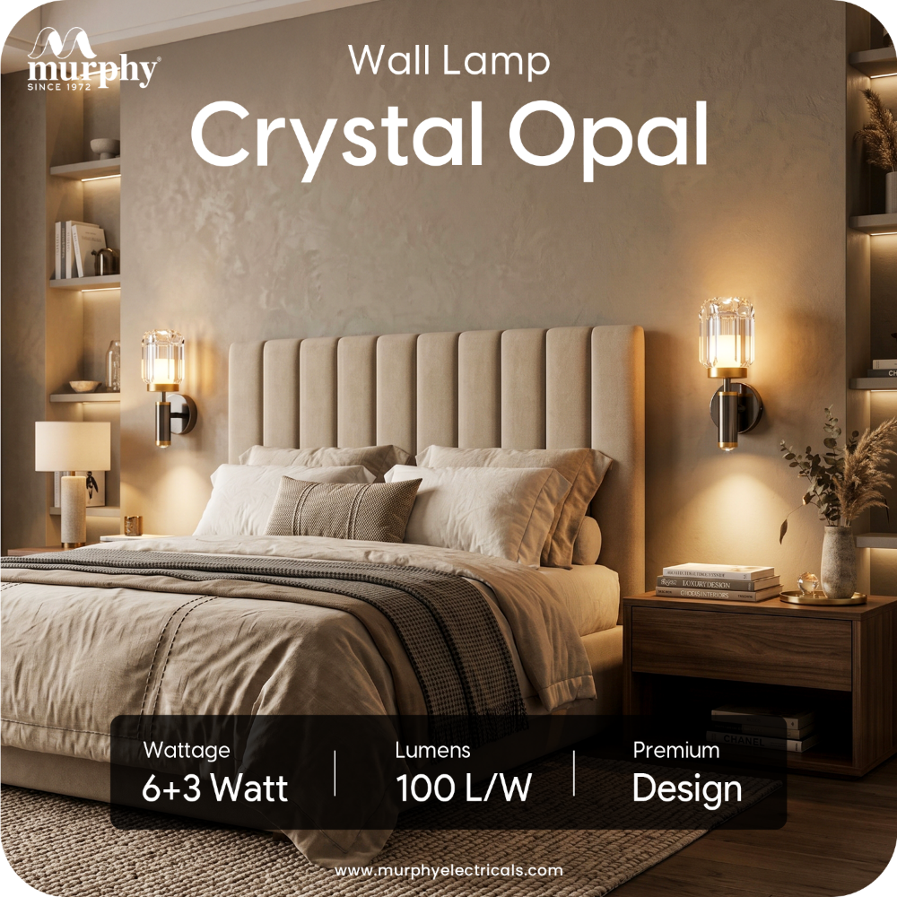 Murphy Opal Crystal 6+3W LED Wall Light with Spot Light, 3C Color Changing (Warm/Natural/Cool White), Gunmetal Golden Finish, Metal & Glass Wall Lamp, BIS Approved, 2 Year Warranty