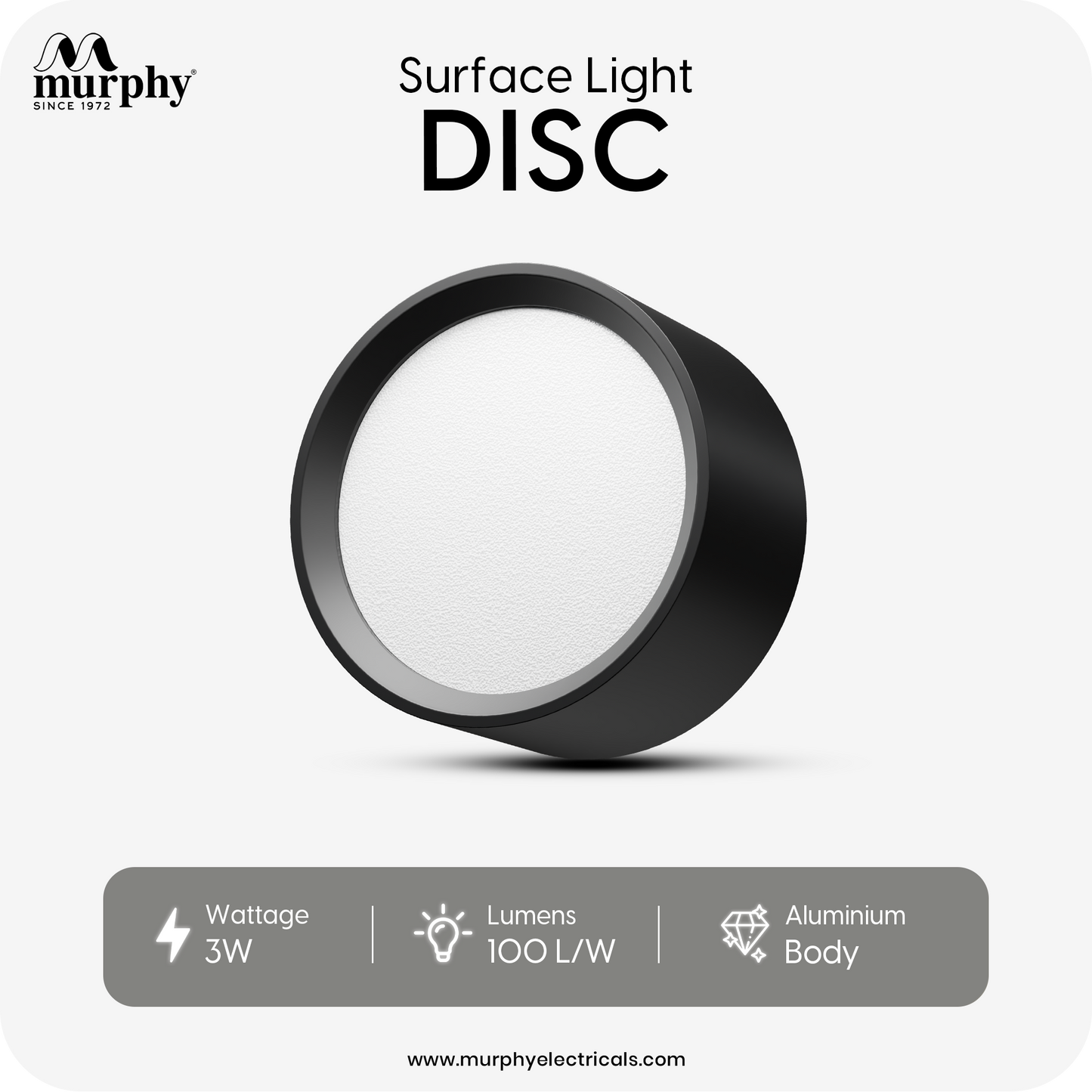 Murphy 3W LED Disc Surface Light Black Finish Aluminium Body | BIS Approved