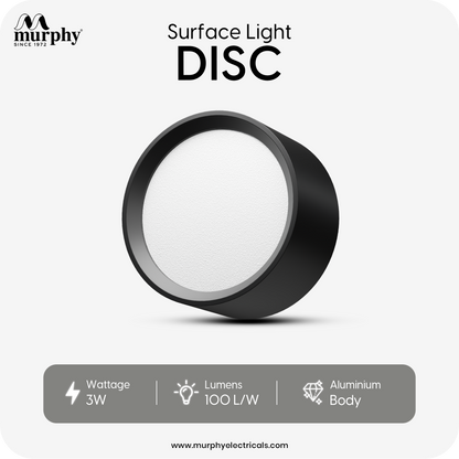 Murphy 3W LED Disc Surface Light Black Finish Aluminium Body | BIS Approved