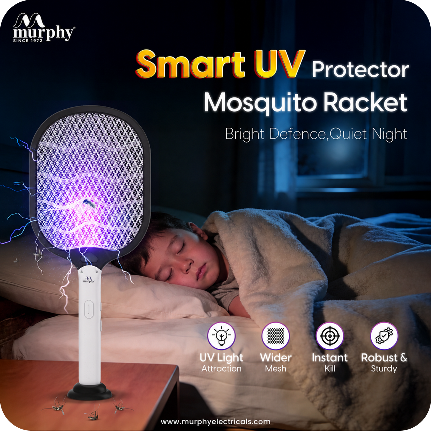 Murphy Smart UV Auto Kill Mosquito Racket with Stand | Type-C Fast Charging | 1200mAh Rechargeable Battery | Auto & Manual Mode | 3-Layer Safety Mesh | Instant Kill | 6 Months Warranty