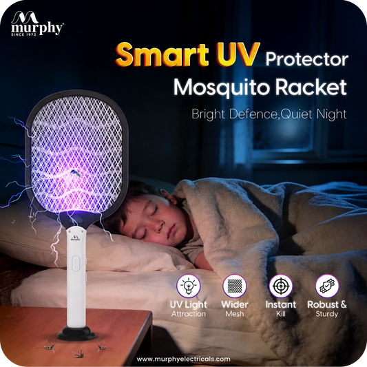 Murphy Smart UV Auto Kill Mosquito Racket with Stand | Type-C Fast Charging | 1200mAh Rechargeable Battery | Auto & Manual Mode | 3-Layer Safety Mesh | Instant Kill | 6 Months Warranty