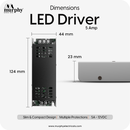 Murphy 5A 12V DC LED Driver (SMPS) | Constant Voltage Power Supply for Indoor LED Strip Lights | Aluminium Body | BIS Approved | (1-Year Warranty)