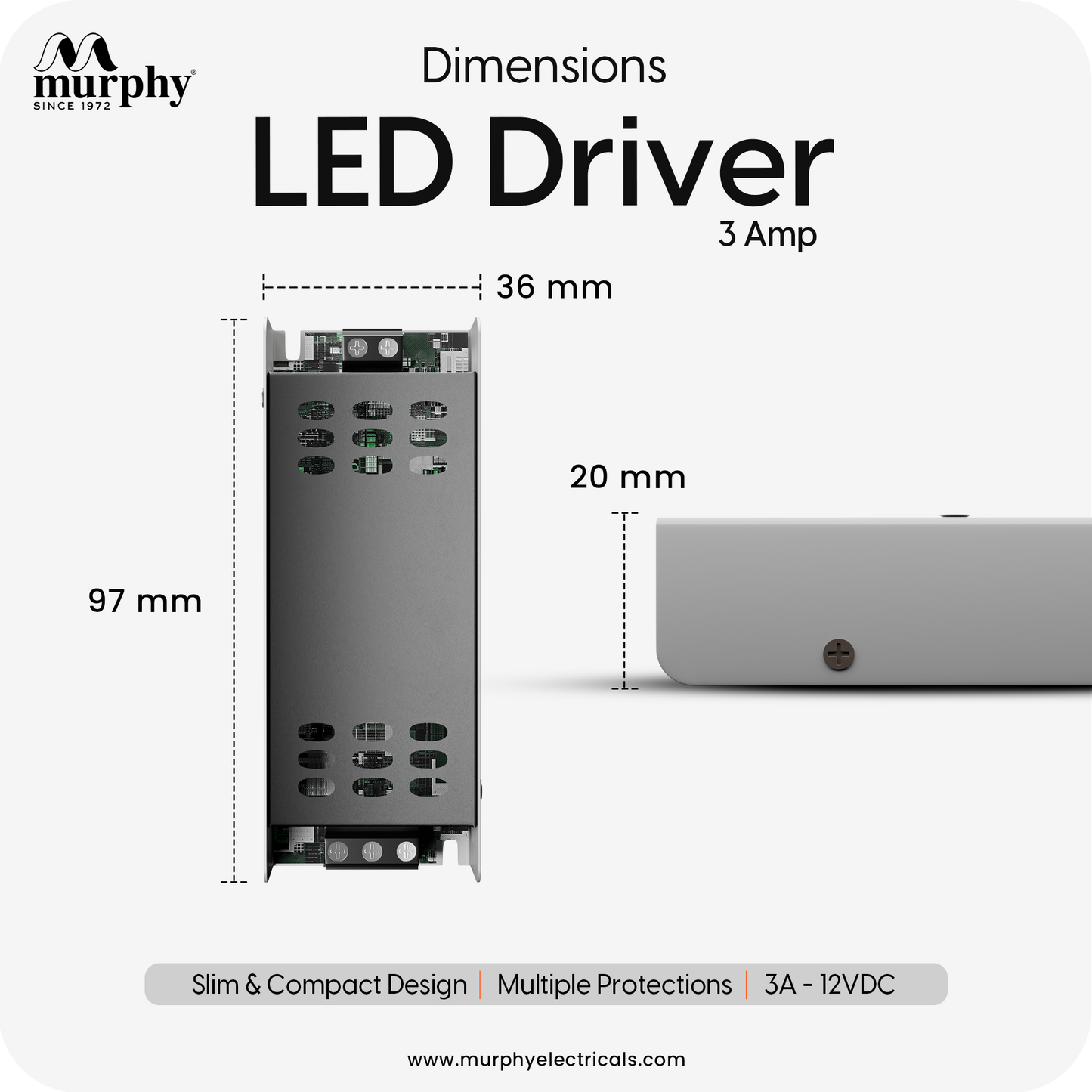 Murphy 3A 12V DC LED Driver (SMPS) | Constant Voltage Power Supply for Indoor LED Strip Lights | Aluminium Body | BIS Approved | (1-Year Warranty)
