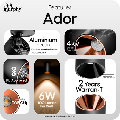 Murphy Ador 6W LED COB Surface Spot Light | Rose Gold Reflector | Warm White | 360° Rotatable | Aluminium Body | BIS Approved