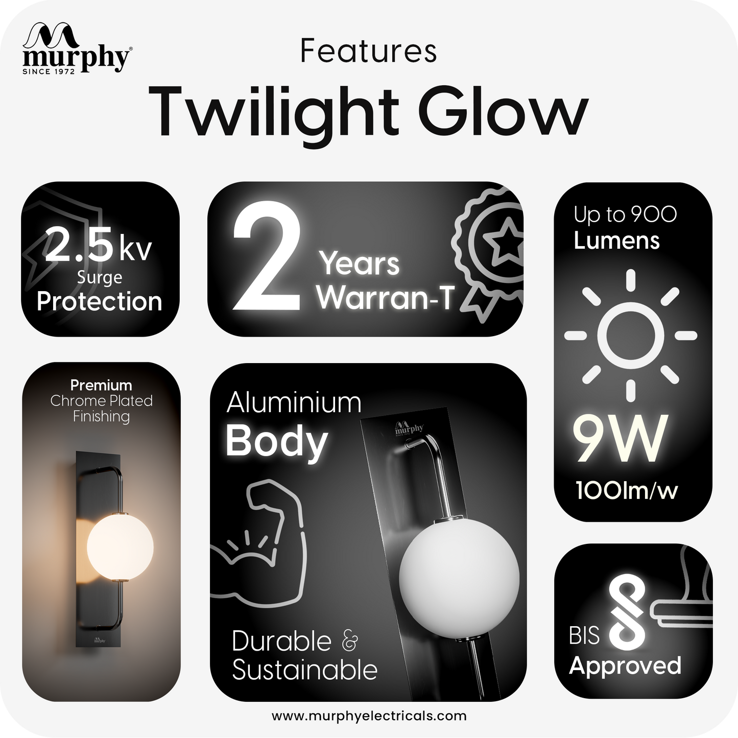 Murphy Twilight Glow 9W Wall Light | 3-in-1 Color Changing LED (Warm White/Cool White/Natural White) with 2-Year Warranty | Modern Premium Lamp
