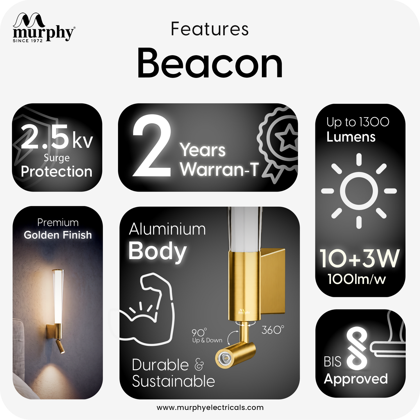 Murphy DualGlow 15W (10W+5W) Wall Light | 3 Color | Gold Finish | With Adjustable Reading Spotlight