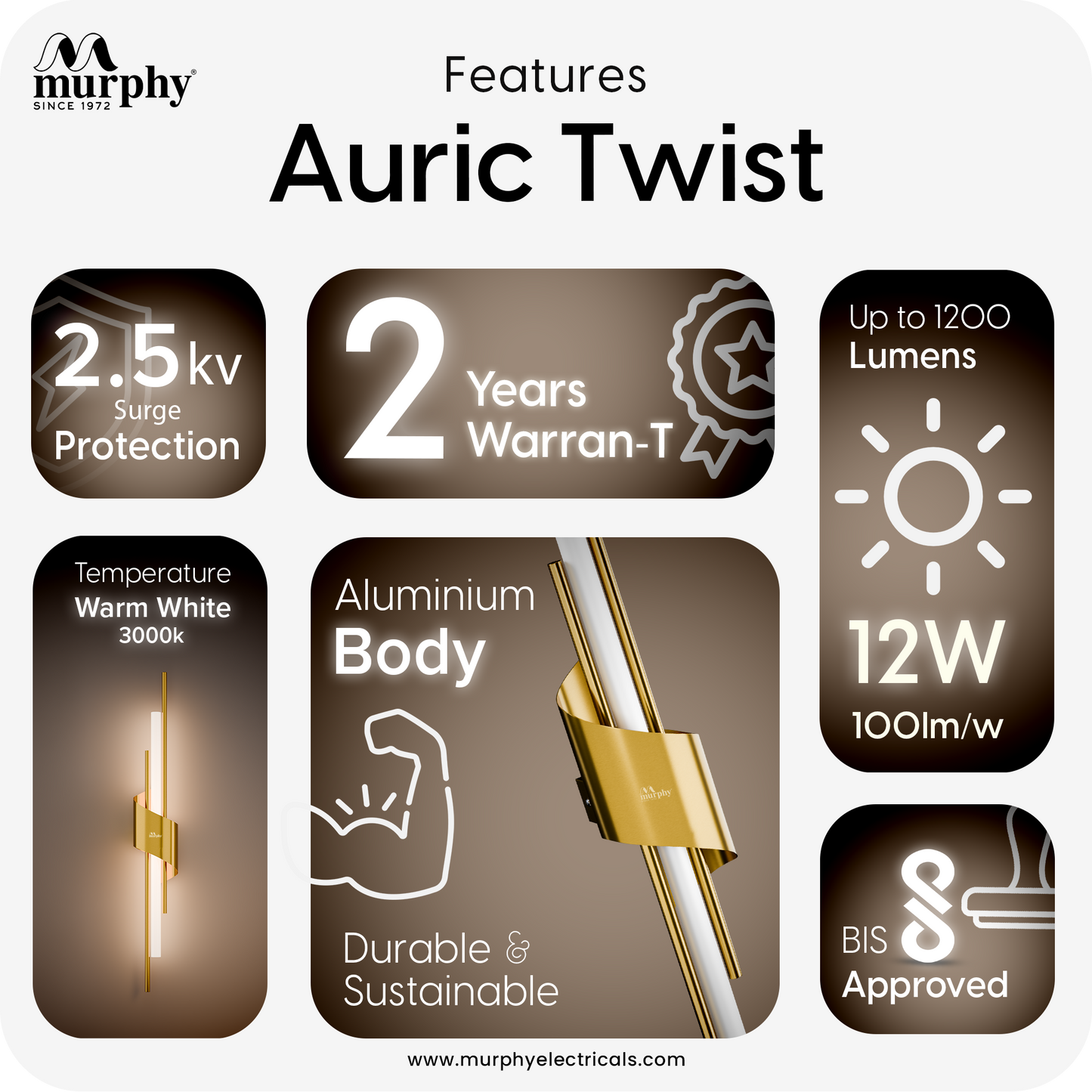 Murphy Auric Twist 12W Decorative LED Wall Lamp | Warm White Wall Light | Premium Gold Finish | Modern Wall Sconce for Living Room, Bedroom & Hallway | 2 Year Warranty