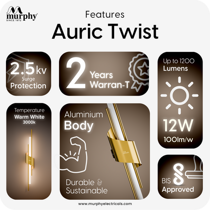 Murphy Auric Twist 12W Decorative LED Wall Lamp | Warm White Wall Light | Premium Gold Finish | Modern Wall Sconce for Living Room, Bedroom & Hallway | 2 Year Warranty