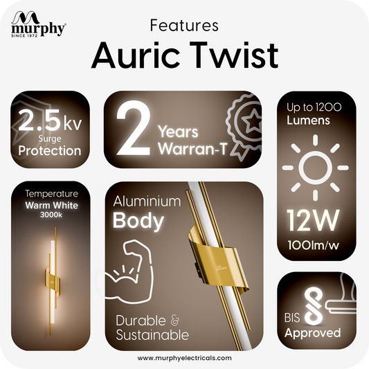 Murphy Auric Twist 12W Decorative LED Wall Lamp | Warm White Wall Light | Premium Gold Finish | Modern Wall Sconce for Living Room, Bedroom & Hallway | 2 Year Warranty