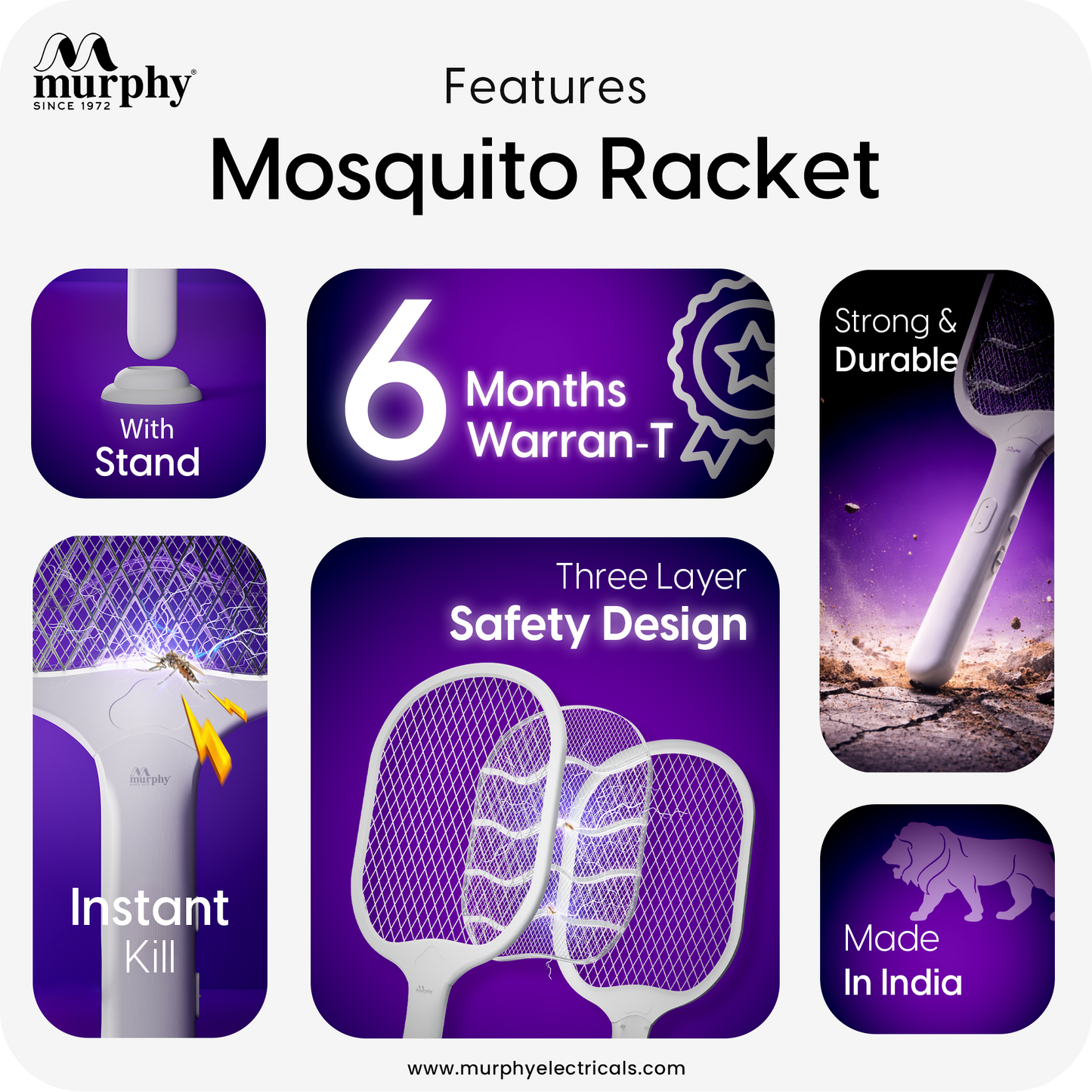 Murphy Smart UV Auto Kill Mosquito Racket with Stand | Type-C Fast Charging | 1200mAh Rechargeable Battery | Auto & Manual Mode | 3-Layer Safety Mesh | Instant Kill | 6 Months Warranty