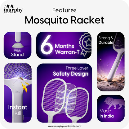 Murphy Smart UV Auto Kill Mosquito Racket with Stand | Type-C Fast Charging | 1200mAh Rechargeable Battery | Auto & Manual Mode | 3-Layer Safety Mesh | Instant Kill | 6 Months Warranty