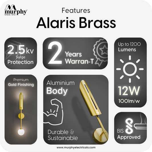 Murphy Alaris Brass LED Wall Light 12W | Gold Decorative Wall Lamp | 3 in 1 White Color Modes | Aluminium Body | Indoor Designer Wall Light | 2 Year Warranty