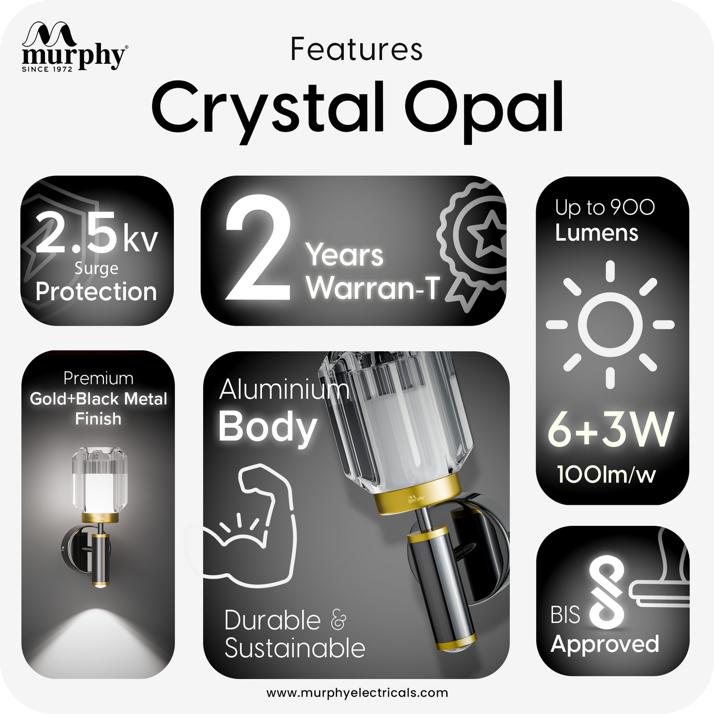 Murphy Opal Crystal 6+3W LED Wall Light with Spot Light, 3C Color Changing (Warm/Natural/Cool White), Gunmetal Golden Finish, Metal & Glass Wall Lamp, BIS Approved, 2 Year Warranty