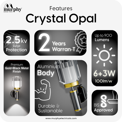 Murphy Opal Crystal 6+3W LED Wall Light with Spot Light, 3C Color Changing (Warm/Natural/Cool White), Gunmetal Golden Finish, Metal & Glass Wall Lamp, BIS Approved, 2 Year Warranty