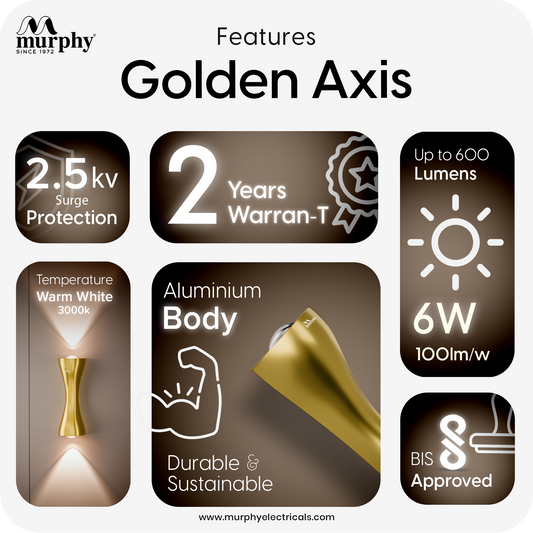 Murphy Golden Axis 6W LED Up Down Wall Light | Warm White | Premium Gold Finish | Aluminium Body | Decorative Indoor Wall Lamp | 2 Year Warranty