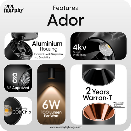 Murphy Ador 6W Surface COB Spot Light | Warm White | Black Reflector | 360° Rotatable | 90° Adjustable | Aluminium Body | BIS Approved |