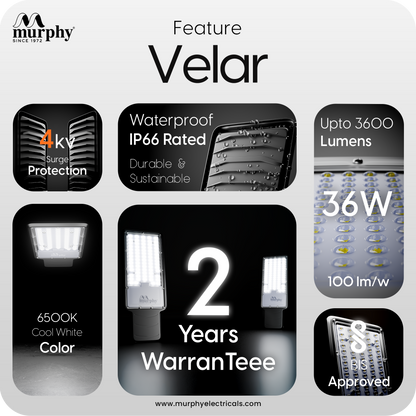 Murphy Velar 36W LED Street Light with Auto On/Off Day Night Sensor | Aluminium Body | IP66 Waterproof | 3600 Lumens | 6500K Cool White | | BIS Certified | 2-Year Warranty