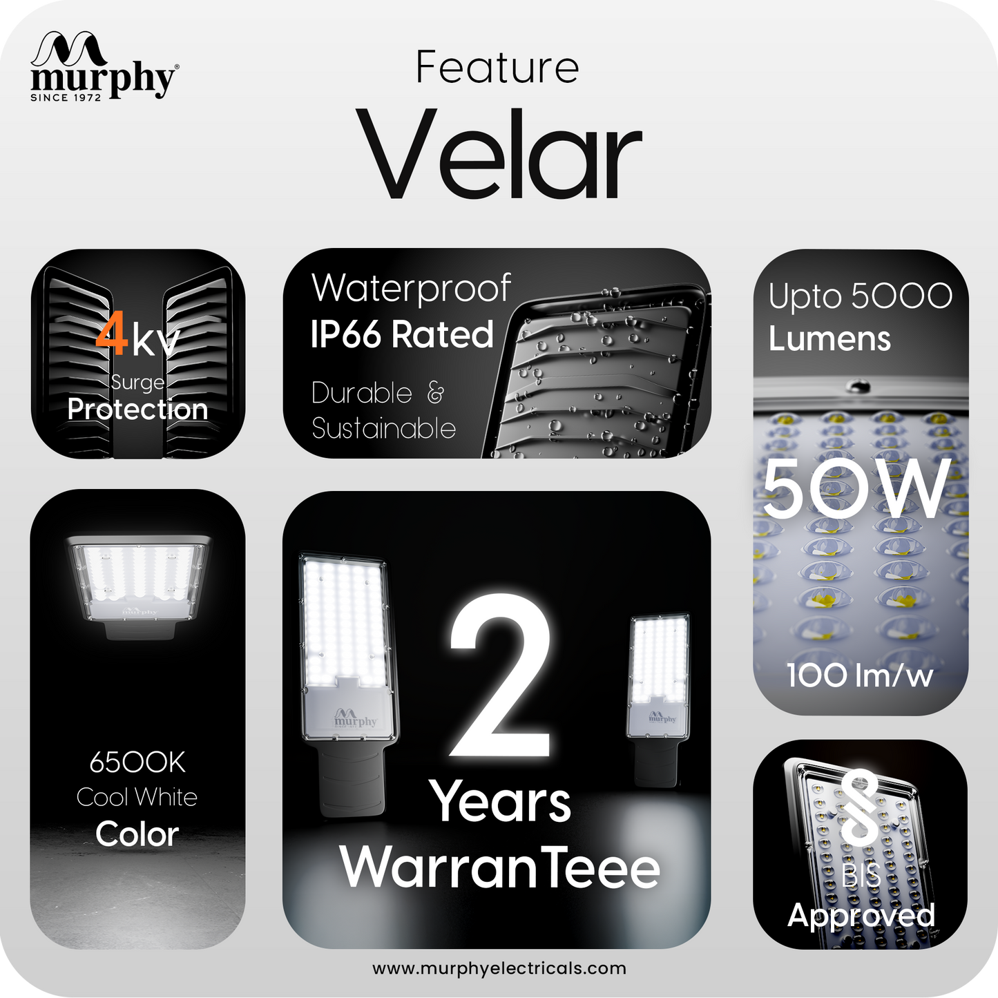 Murphy Velar 50W LED Street Light | Aluminium Body | IP66 Waterproof | 5000 Lumens | 6500K Cool White | BIS Certified | Energy Efficient Outdoor Light | 2-Year Warranty