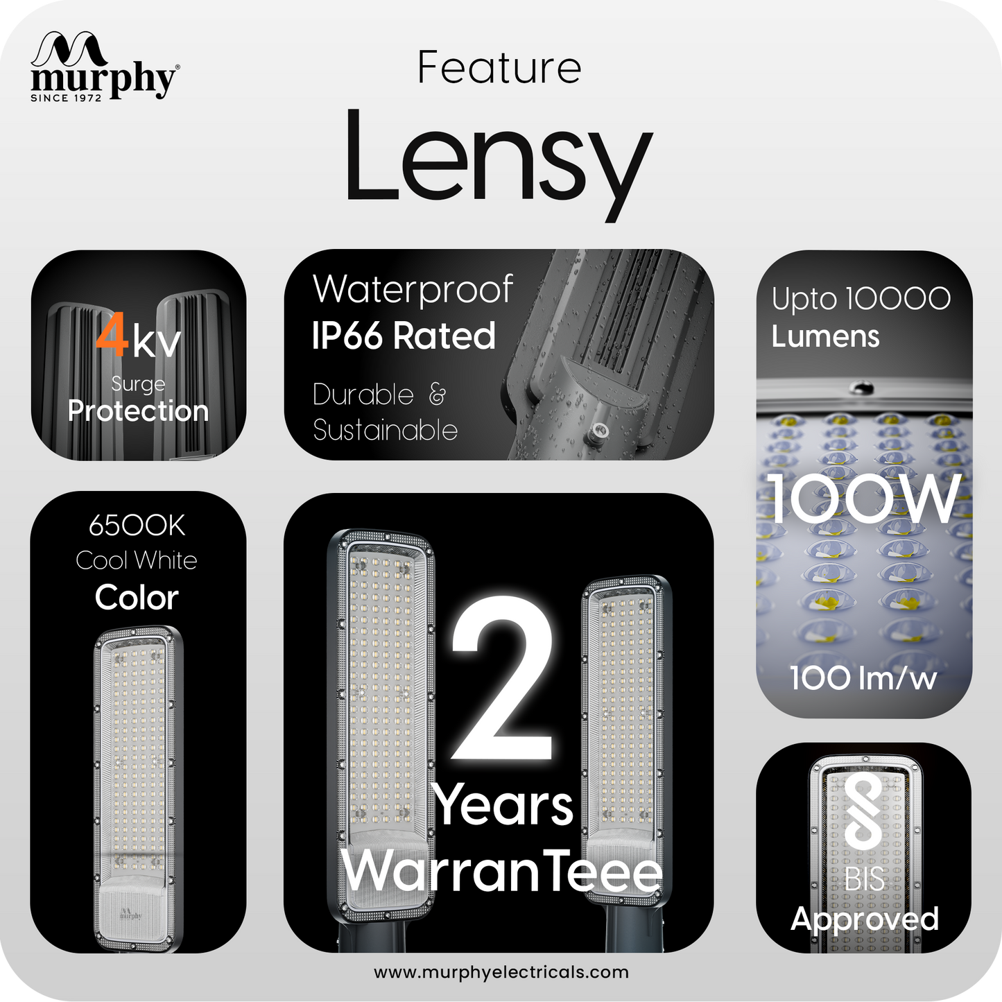 Murphy Lensy 100W LED Street Light | 10000 Lumens | BIS Approved | | Aluminium Body | IP66 Waterproof | 6500K Cool White | 4kV Surge Protection | BIS Approved