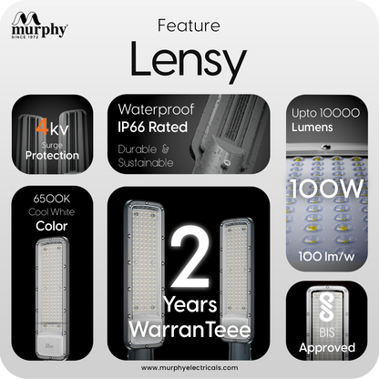 Murphy Lensy 100W LED Street Light | 10000 Lumens | BIS Approved | | Aluminium Body | IP66 Waterproof | 6500K Cool White | 4kV Surge Protection | BIS Approved