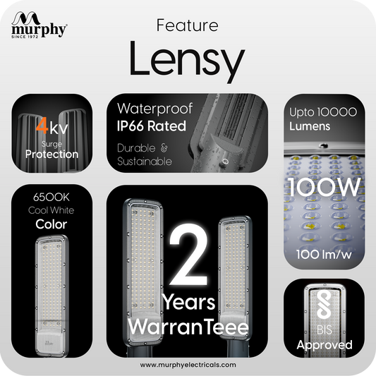 Murphy Lensy 100W LED Street Light | 10000 Lumens | BIS Approved | | Aluminium Body | IP66 Waterproof | 6500K Cool White | 4kV Surge Protection | BIS Approved