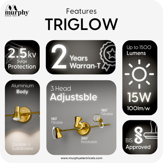 Murphy TriGlow 3x5W LED Wall Track Light, 3C Color Changing (CW/WW/NW), Golden Finish, Adjustable 3 Spotlight Fixture, 15W Indoor Wall Lamp for Living Room & Home Office