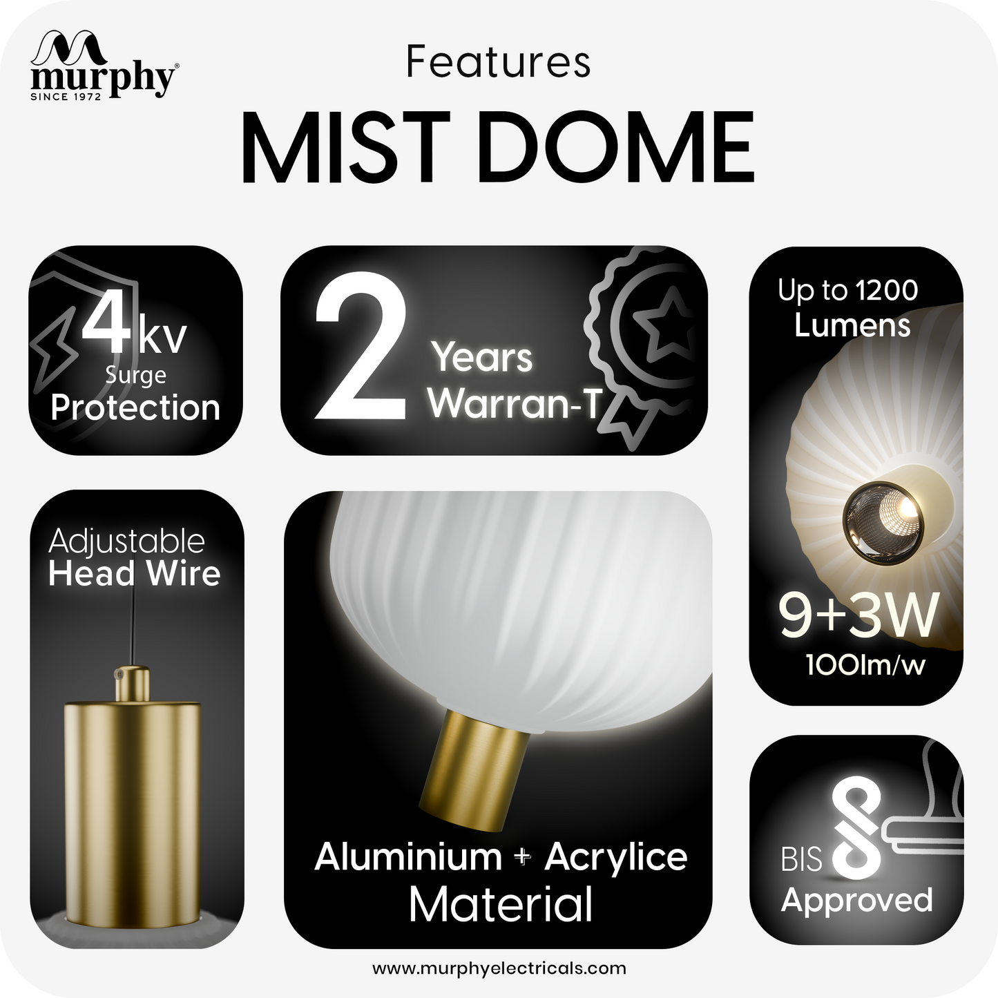 Murphy Mist Dome Hanging Bulb Light | Modern Pendant Light for Home Décor | Matte White & Gold Designer Hanging Lamp | Ceiling Pendant for Living Room, Bedroom, Dining, Café, Kitchen