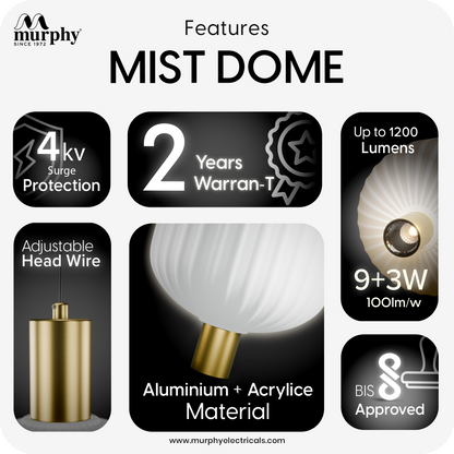 Murphy Mist Dome Hanging Bulb Light | Modern Pendant Light for Home Décor | Matte White & Gold Designer Hanging Lamp | Ceiling Pendant for Living Room, Bedroom, Dining, Café, Kitchen