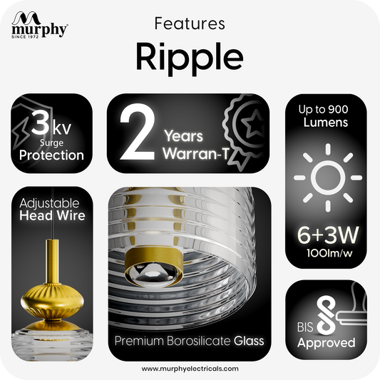 Murphy Ripple Pendant 9W LED Hanging Light | 3C Color Changing Warm/Natural/Cool White | Golden Finish | Ideal for Bedroom & Living Room | BIS Approved | 2 Year Warranty