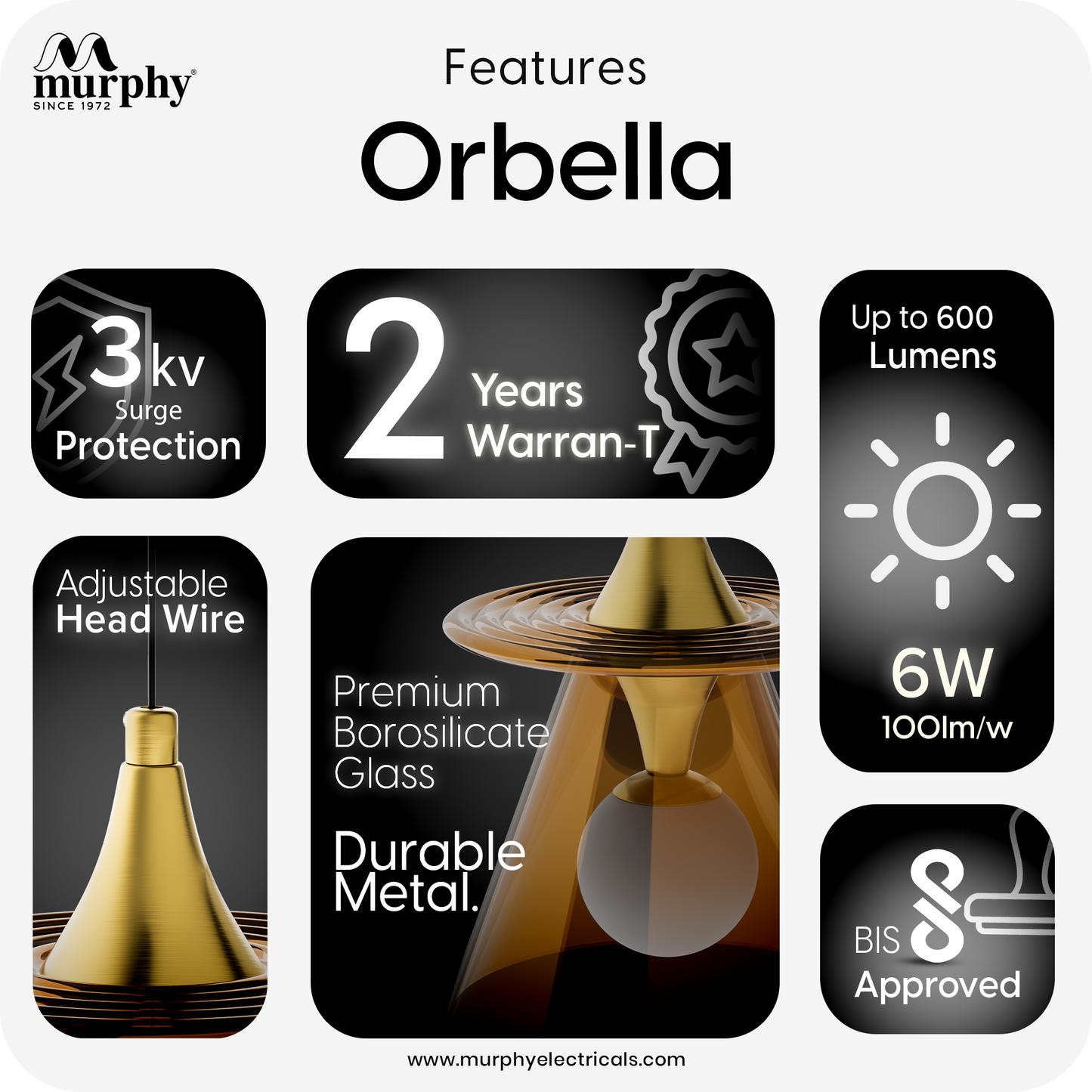 Murphy ORBELLA Pendant 6W LED Hanging Light | 3C Color Changing Warm/Natural/Cool White | Golden Finish Metal & Acrylic | Ceiling Lamp | BIS Approved | 2 Year Warranty