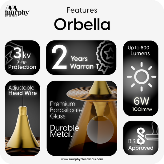 Murphy ORBELLA Pendant 6W LED Hanging Light | 3C Color Changing Warm/Natural/Cool White | Golden Finish Metal & Acrylic | Ceiling Lamp | BIS Approved | 2 Year Warranty