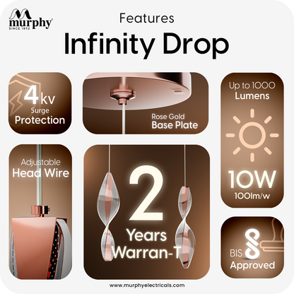 Murphy Infinity Drop Pendant Light 10W | 3-in-1 Colour Changing | 3-in-1 Colour (WW/NW/CW) | Rose Gold Hanging Ceiling Lamp | Adjustable Wire | BIS Approved | 2-Year Warranty
