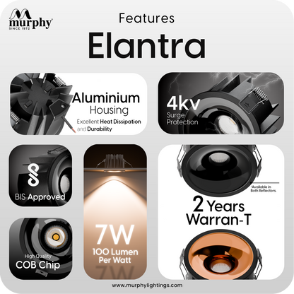 Murphy Elantra Noir 7W COB LED Downlight | Black Reflector | Warm White Recessed Ceiling Spot Light | Aluminium Housing | 700 Lumens | 4kV Surge Protection | BIS Approved | 2 Year Warranty