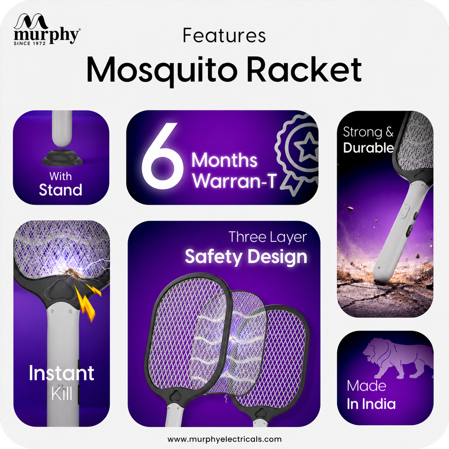 Murphy Smart UV Auto Kill Mosquito Racket with Stand | Type-C Fast Charging | 1200mAh Rechargeable Battery | Auto & Manual Mode | 3-Layer Safety Mesh | Instant Kill | 6 Months Warranty
