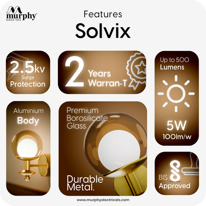 Murphy Solvix 5W Decorative LED Wall Light | 3 in 1 Colour Change | Premium Golden Finish | Aluminium Body | Borosilicate Glass |