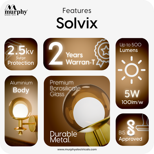 Murphy Solvix 5W Decorative LED Wall Light | 3 in 1 Colour Change | Premium Golden Finish | Aluminium Body | Borosilicate Glass |