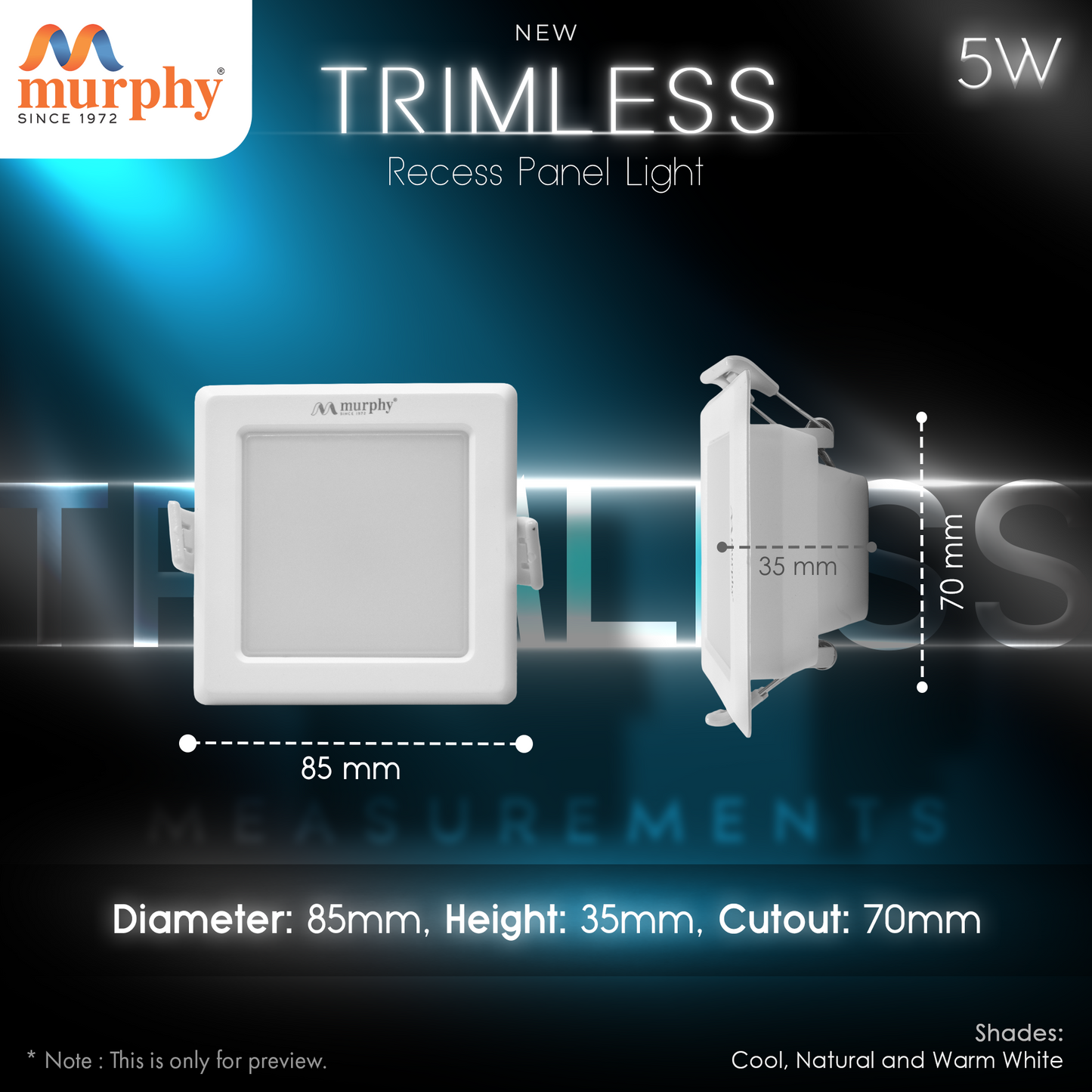 Murphy 5W Trimless Square Recess Panel Light