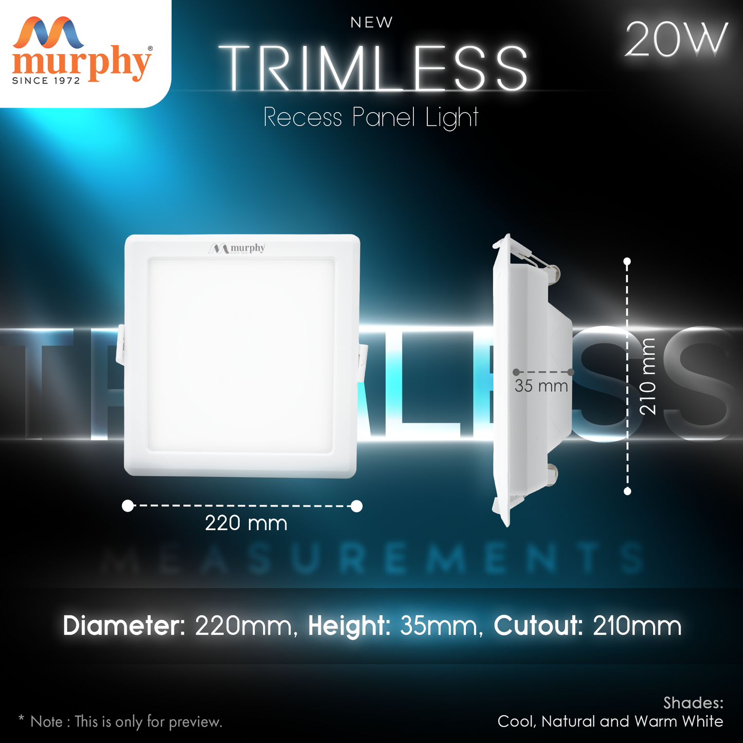 Murphy 20W Trimless Square Recess Panel Light
