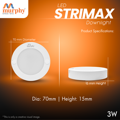 Murphy STRIMAX 3W Surface LED Downlight | Slim Round Cabinet Light | Cool White| Energy Efficient | Long Lifespan| 2 Years Warranty