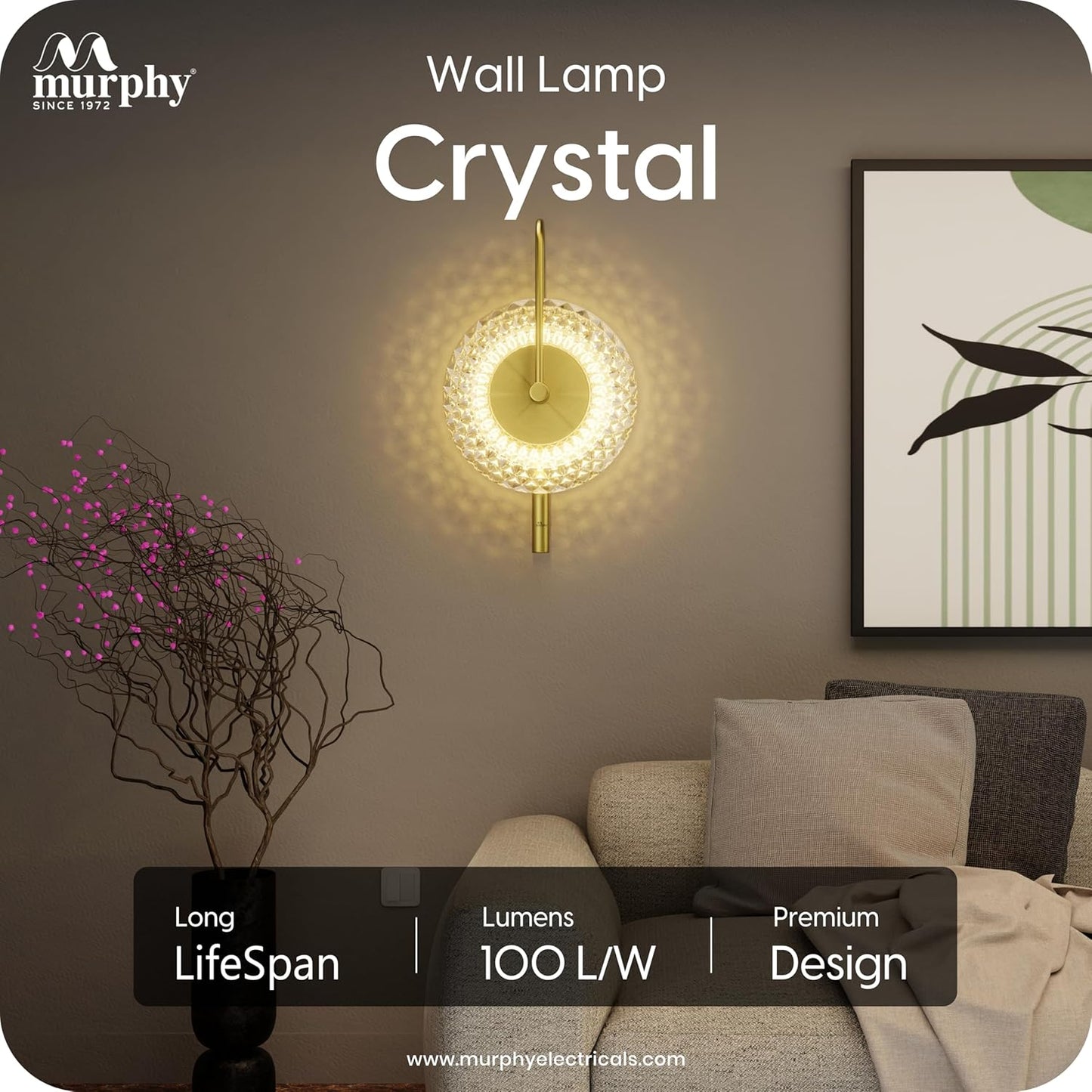 Murphy Prisma Crystal LED Wall Lamp| 3 Color Change | Diamond Cut Glass | 6W Aluminium Wall Light for Living Room, |BIS Approved | 2 Year Warranty