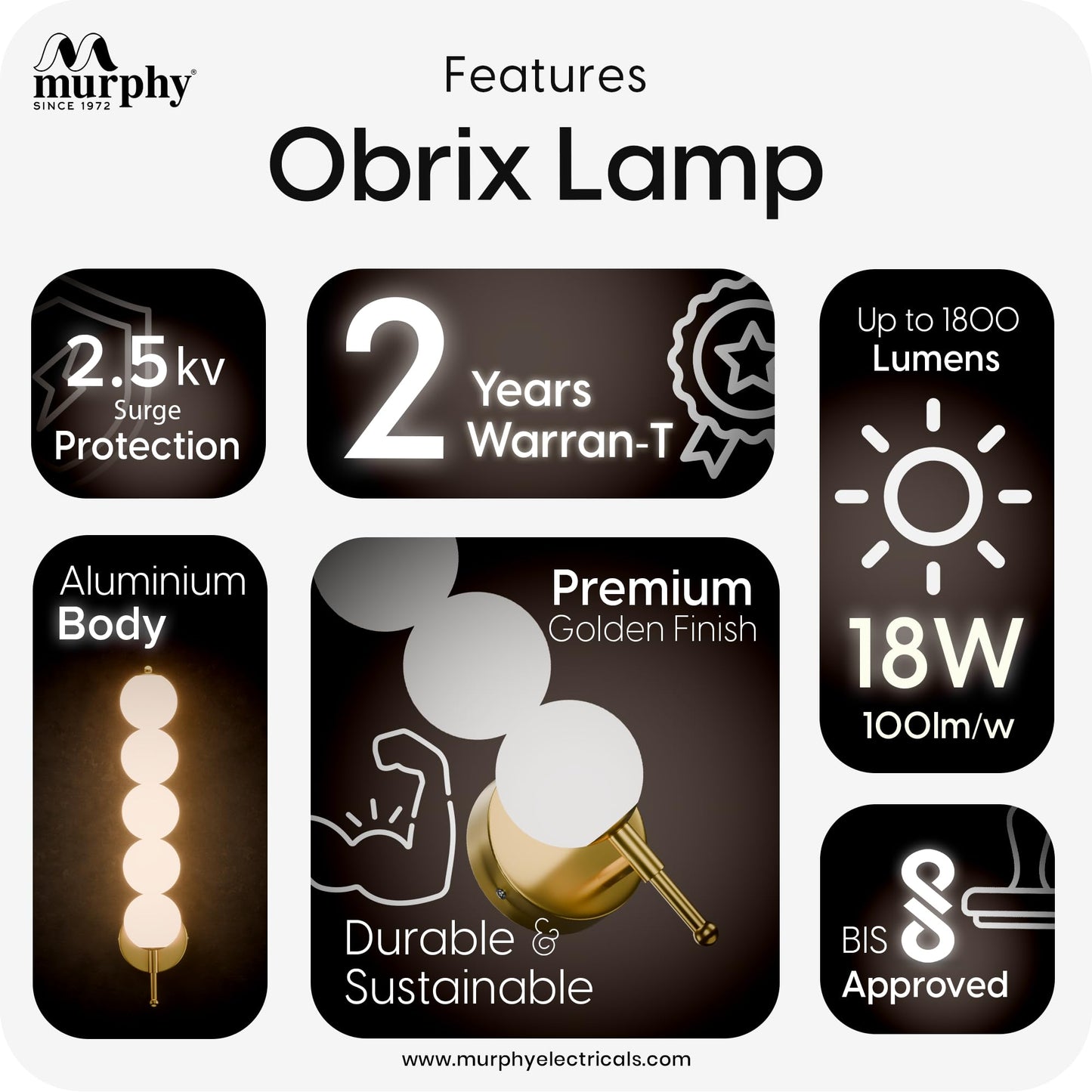 Murphy ORBIX 5 Ball LED Wall Lamp 18W, 3C (Warm/Cool/Natural White), Golden White, Metal & Acrylic, Modern Decorative Wall Light for Living Room & Bedroom, BIS Approved, 2 Year Warranty