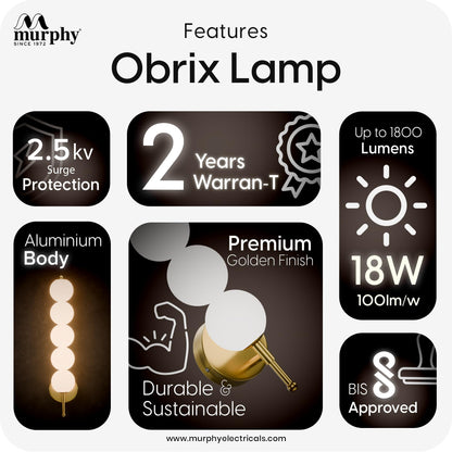 Murphy ORBIX 5 Ball LED Wall Lamp 18W, 3C (Warm/Cool/Natural White), Golden White, Metal & Acrylic, Modern Decorative Wall Light for Living Room & Bedroom, BIS Approved, 2 Year Warranty