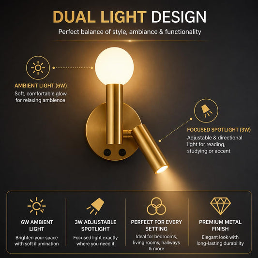 Murphy TWINOVA 6+3W LED Wall Light with Spot Light, 3C Color Changing (Warm/Natural/Cool White), Rose Gold Finish, Metal & Acrylic Wall Lamp, BIS Approved, 2 Year Warranty