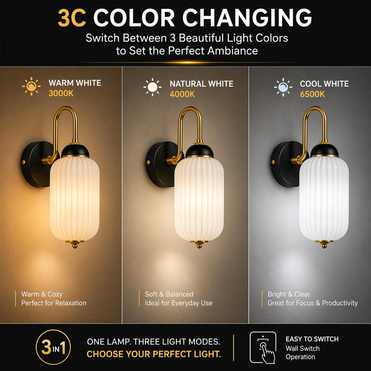 Murphy ELVO 9W LED Wall Down Light, 3C Color Changing (Warm/Neutral/Cool White), Golden Black, Acrylic & Metal Wall Lamp for Bedroom & Living Room, BIS Approved, 2 Year Warranty