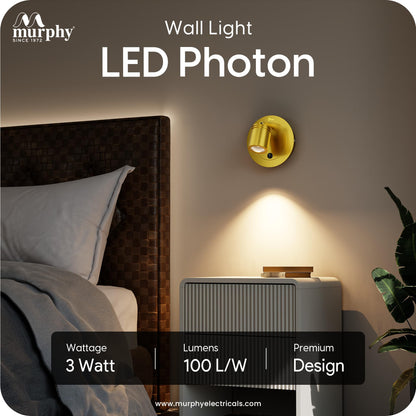 Murphy Photon 3W COB LED Premium Wall Reading Light | Gold Finish | Warm White | 300 Lumens | BIS Approved |